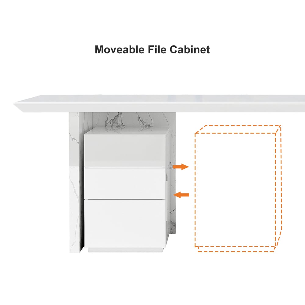 HMR Modern Home Office Desk with Movable File Cabinet - White, 70.9"