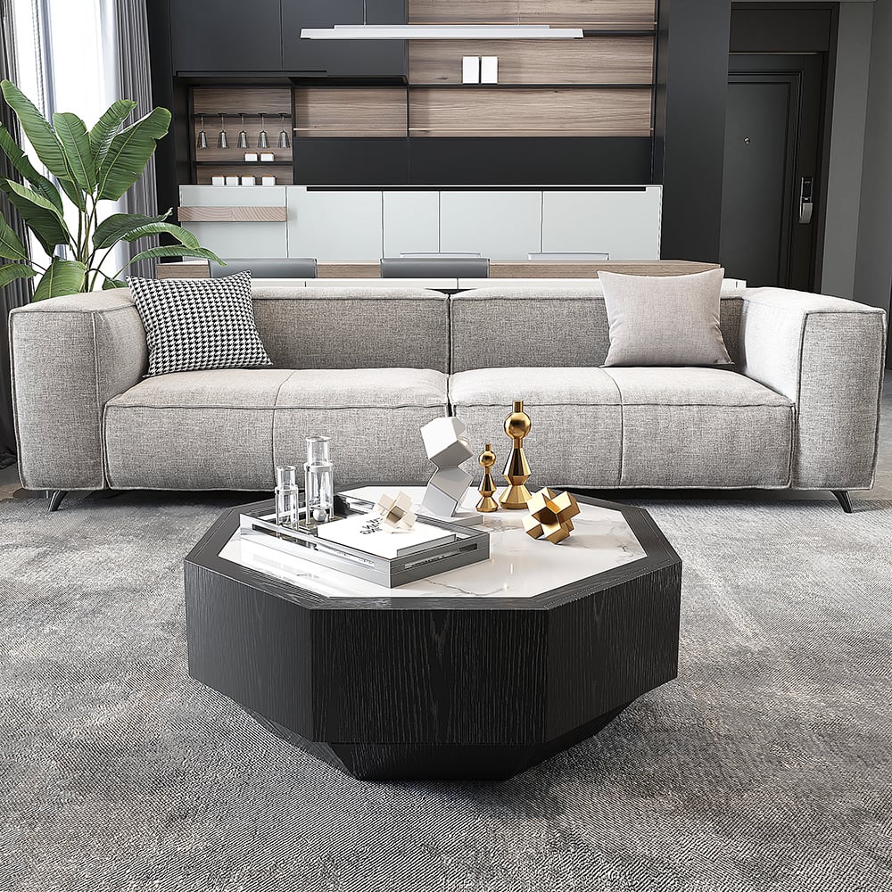 HMR - Wood Octagonal Coffee Table Rotating in Black with 2 Drawers Sintered Stone Top