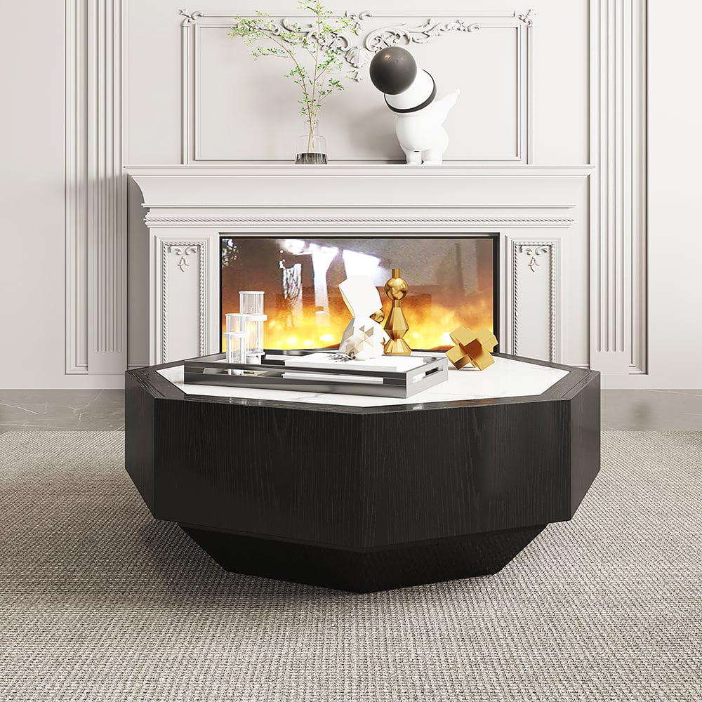 HMR - Wood Octagonal Coffee Table Rotating in Black with 2 Drawers Sintered Stone Top