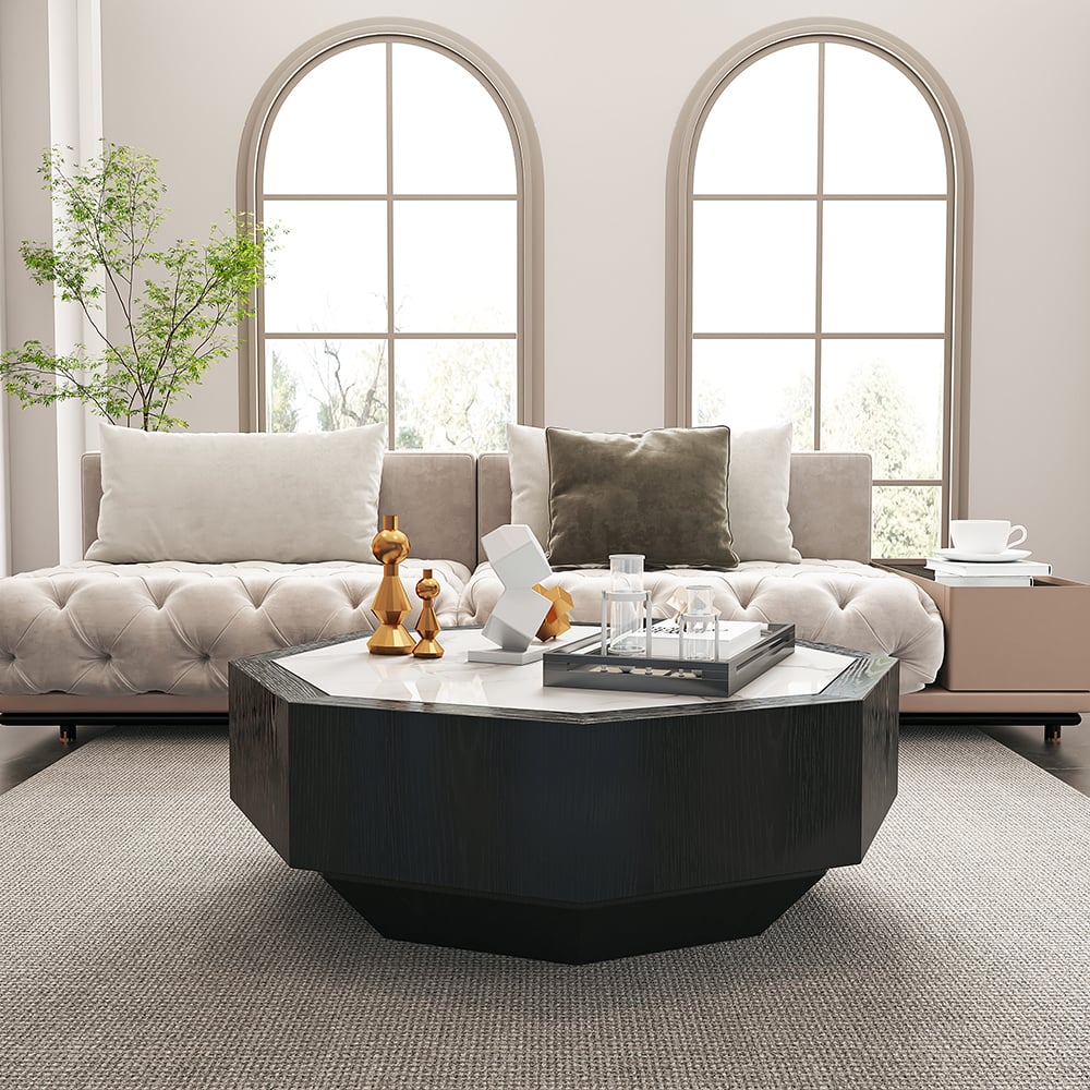 HMR - Wood Octagonal Coffee Table Rotating in Black with 2 Drawers Sintered Stone Top