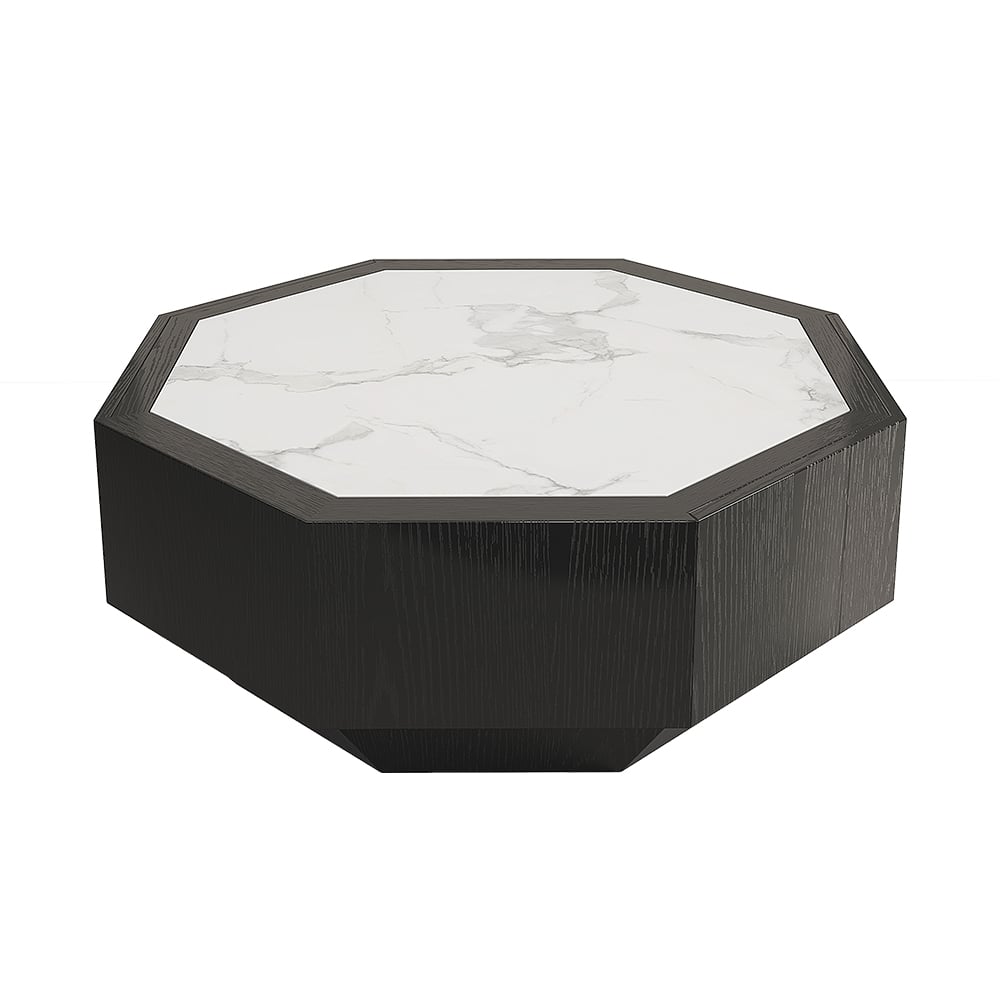 HMR - Wood Octagonal Coffee Table Rotating in Black with 2 Drawers Sintered Stone Top
