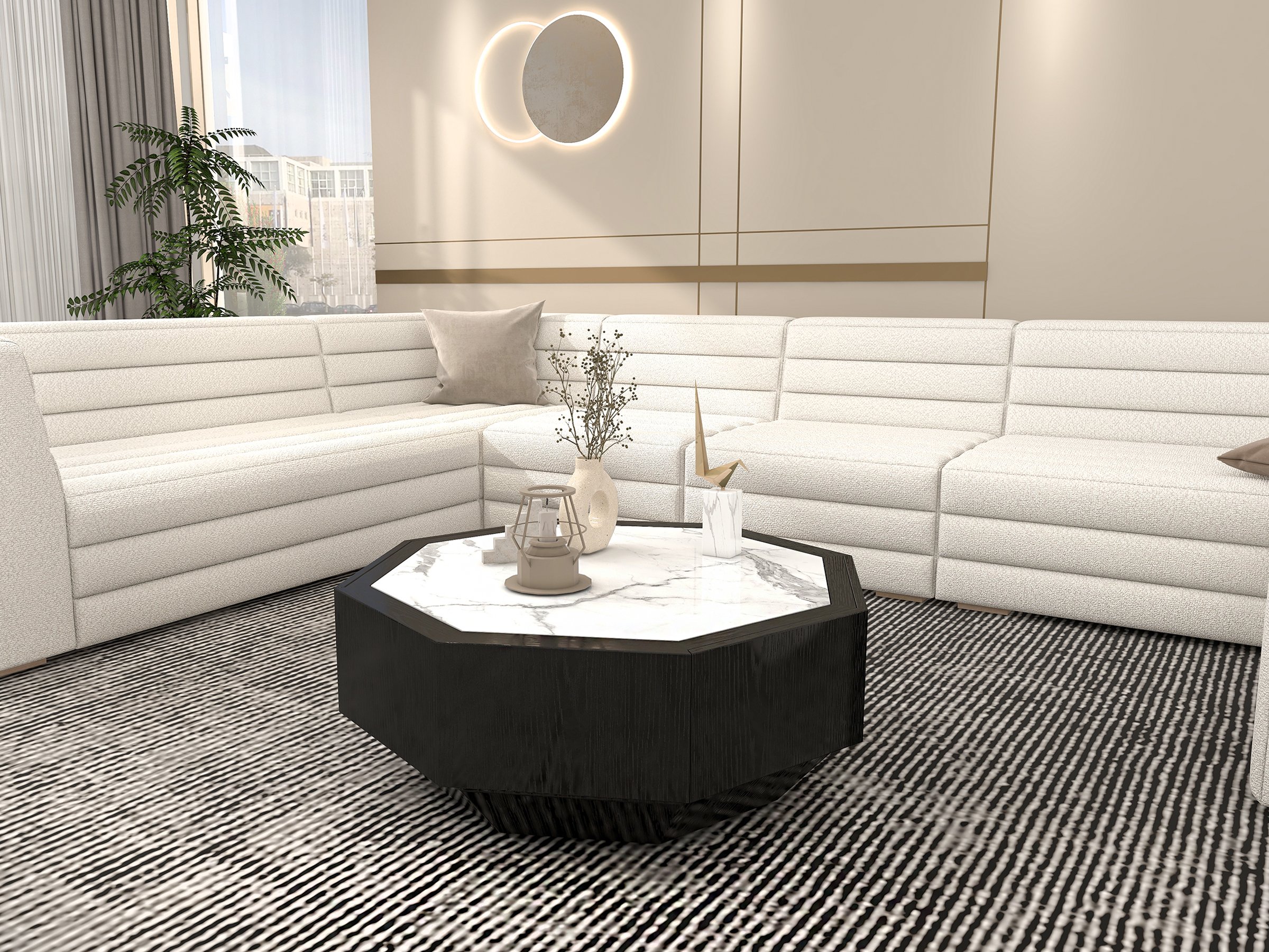 HMR - Wood Octagonal Coffee Table Rotating in Black with 2 Drawers Sintered Stone Top