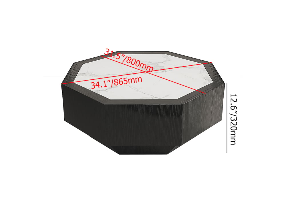 HMR - Wood Octagonal Coffee Table Rotating in Black with 2 Drawers Sintered Stone Top