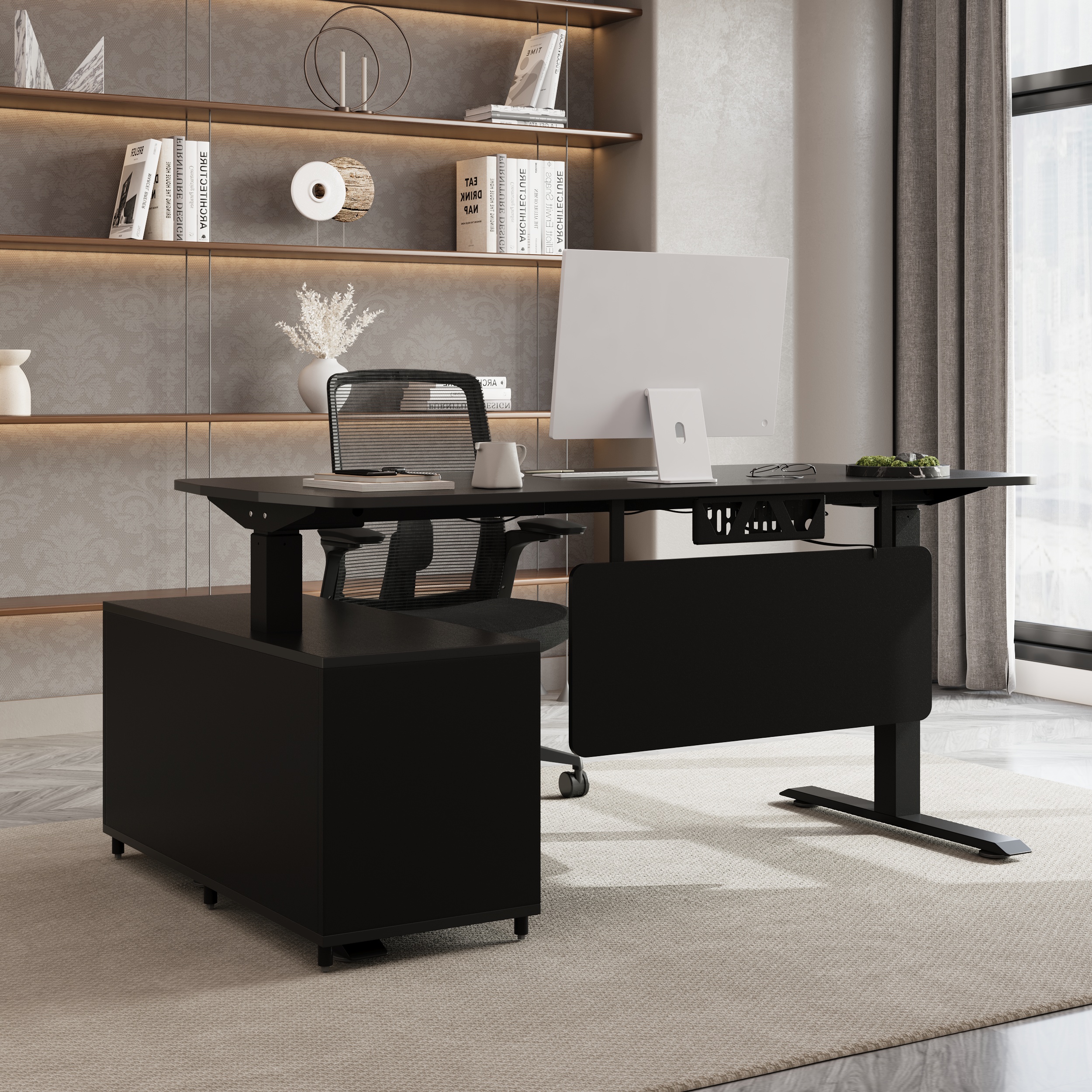 HMR Modern L Shaped Adjustable Electric Standing Executive Desk - Black, Right Hand