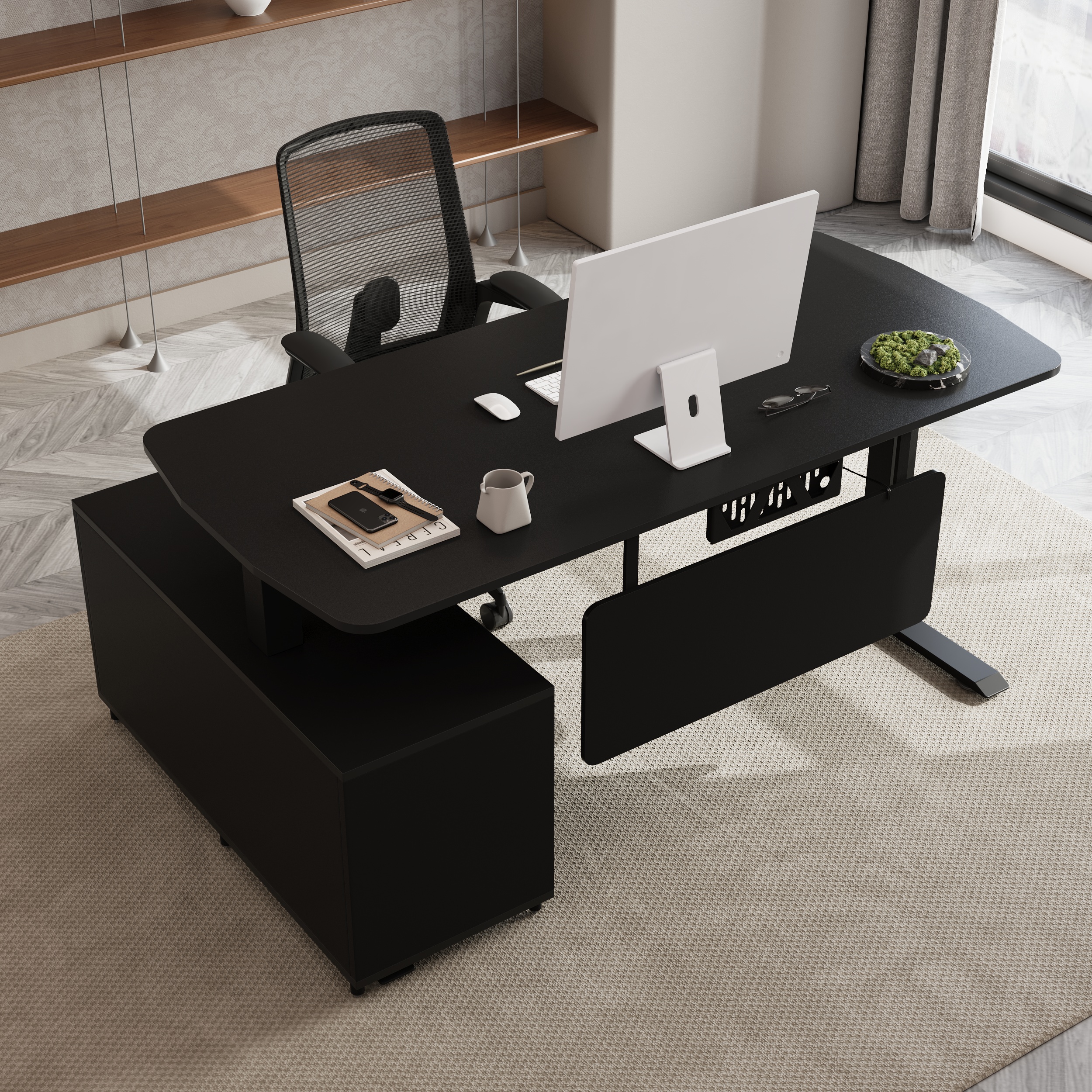 HMR Modern L Shaped Adjustable Electric Standing Executive Desk - Black, Right Hand