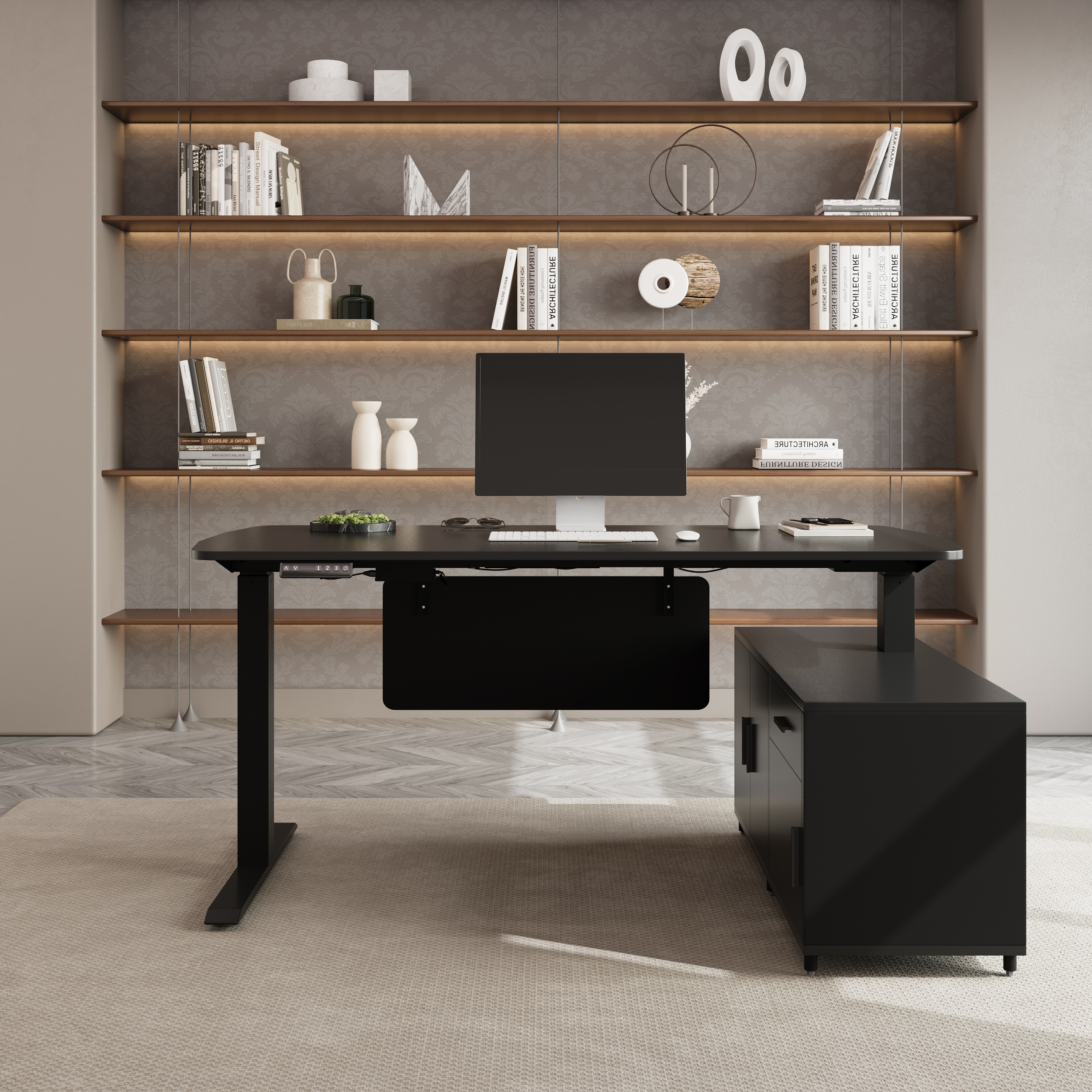 HMR Modern L Shaped Adjustable Electric Standing Executive Desk - Black, Right Hand