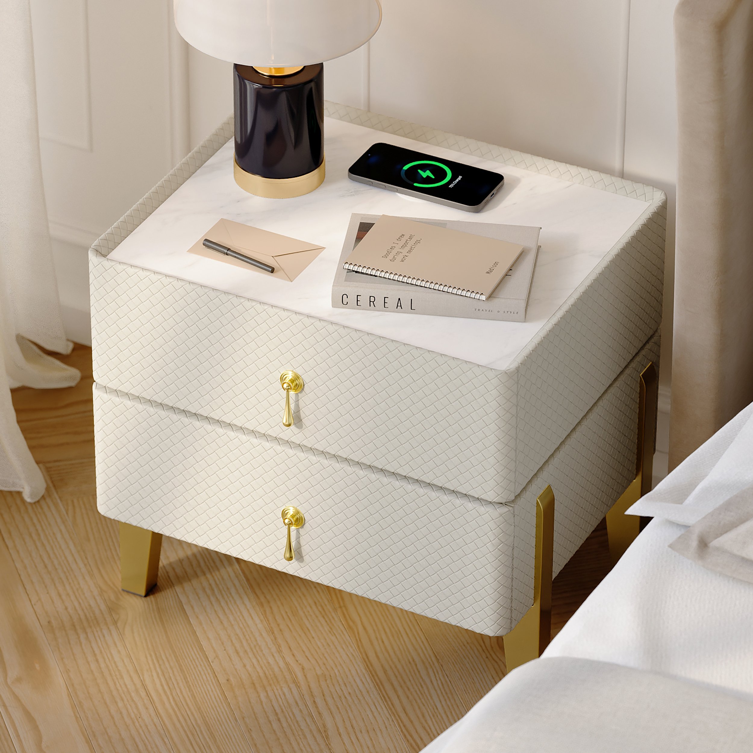 HMR - Modern White Smart Nightstand PU Leather 2 Drawer Bedside Table with Gold Legs