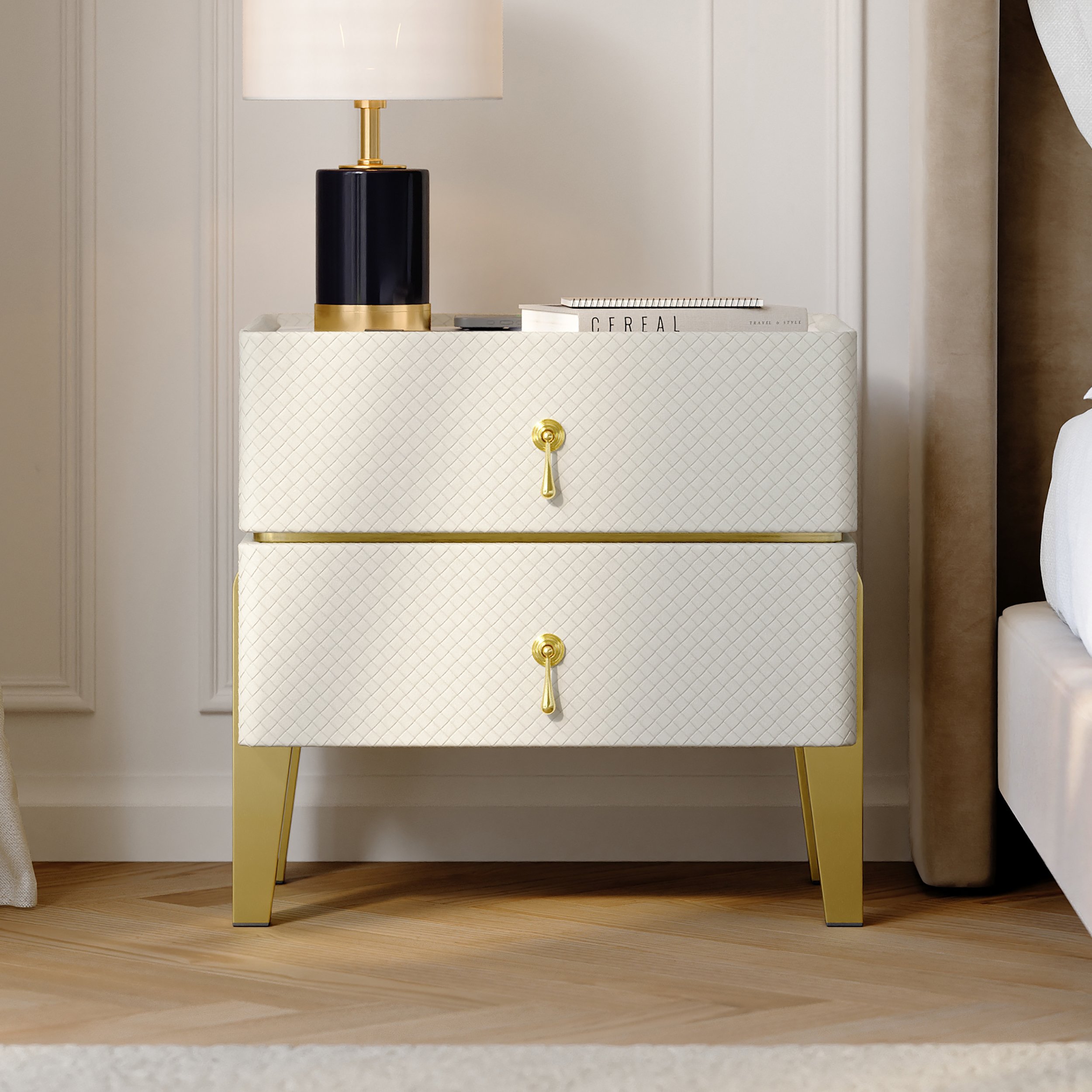 HMR - Modern White Smart Nightstand PU Leather 2 Drawer Bedside Table with Gold Legs