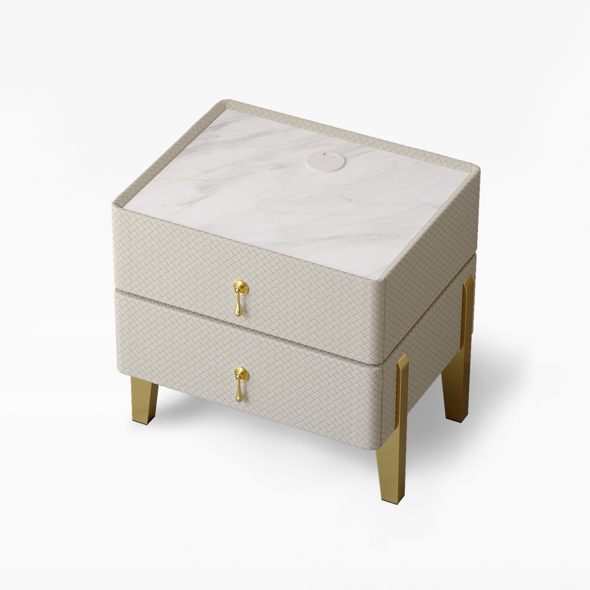 HMR - Modern White Smart Nightstand PU Leather 2 Drawer Bedside Table with Gold Legs