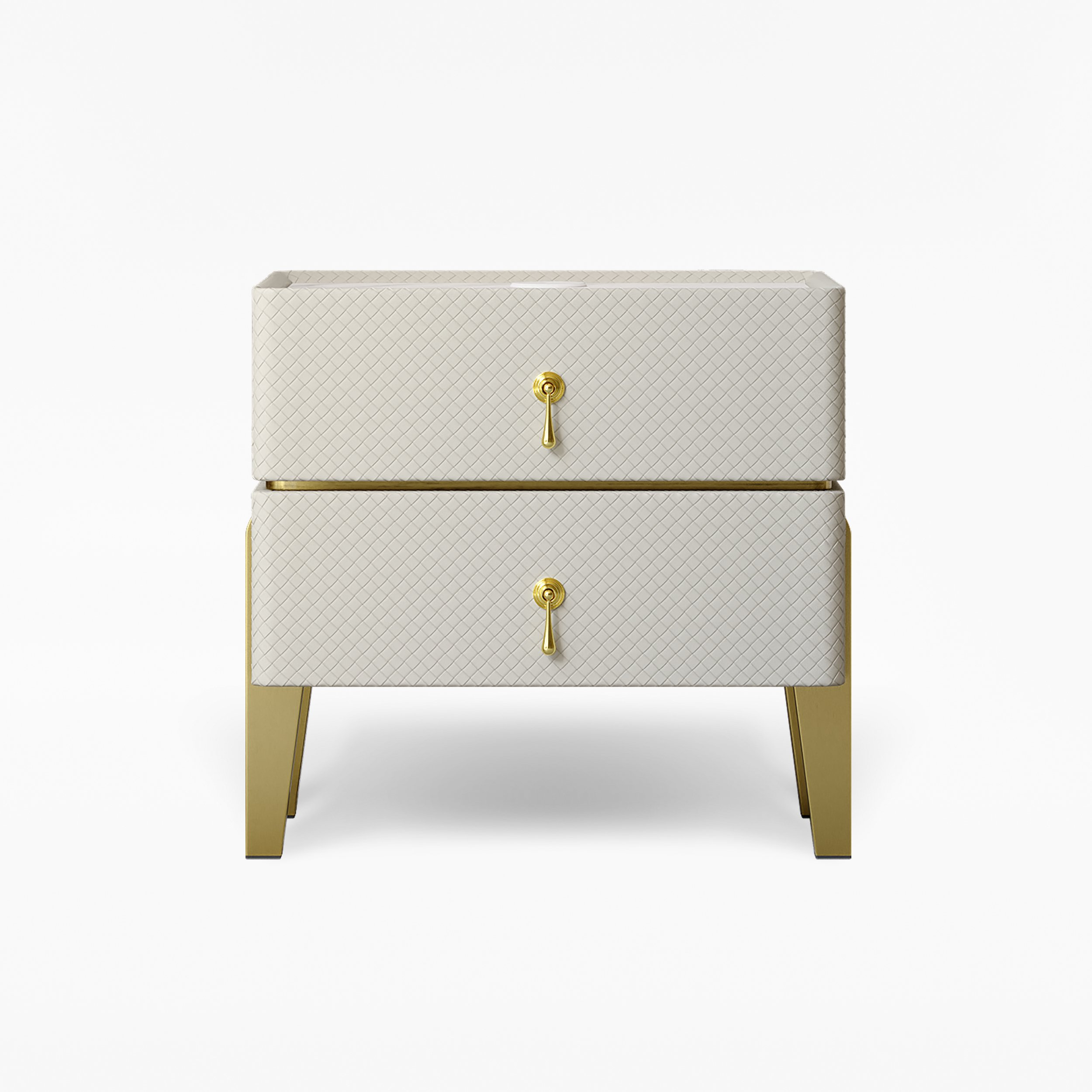 HMR - Modern White Smart Nightstand PU Leather 2 Drawer Bedside Table with Gold Legs
