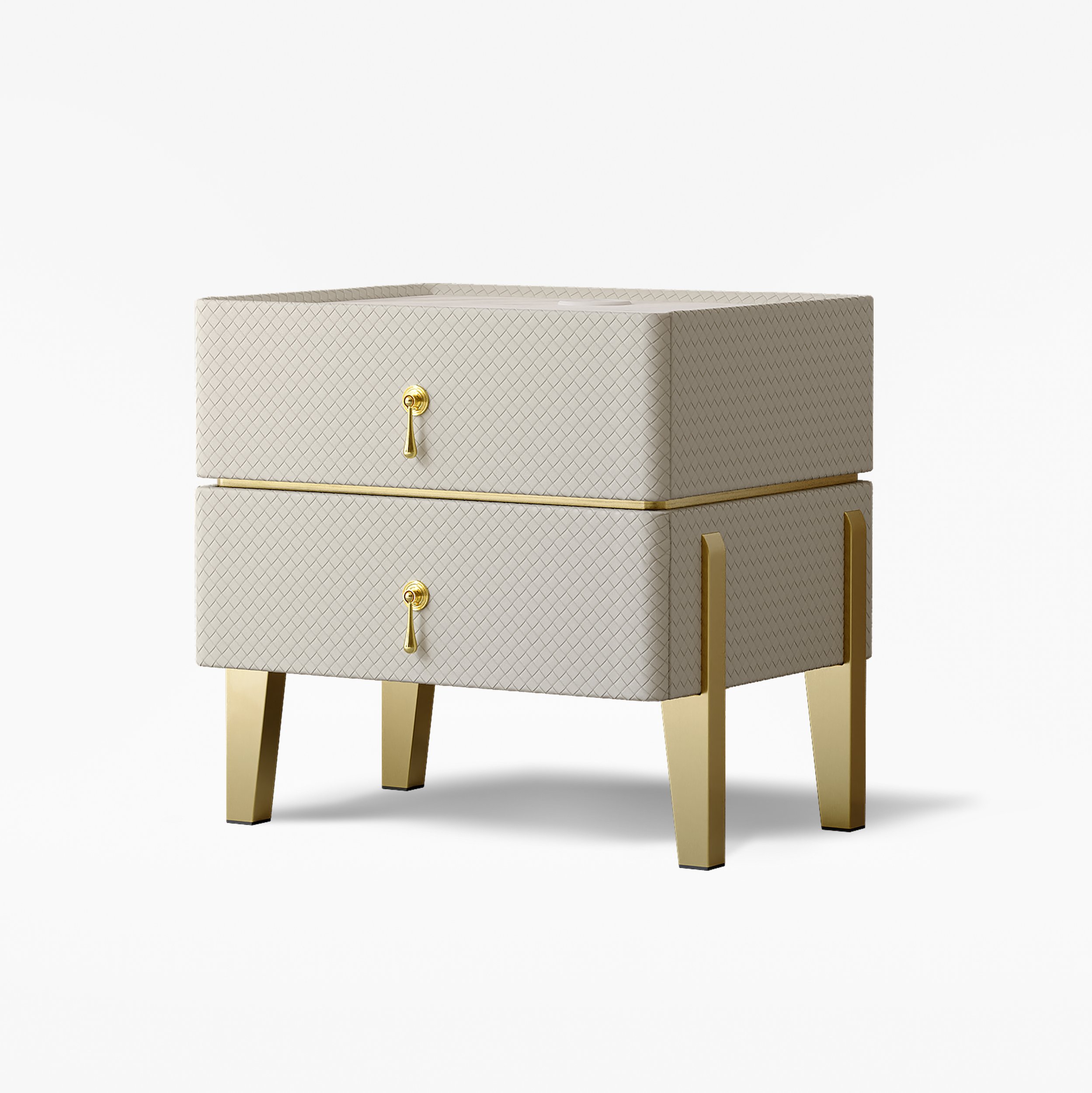 HMR - Modern White Smart Nightstand PU Leather 2 Drawer Bedside Table with Gold Legs