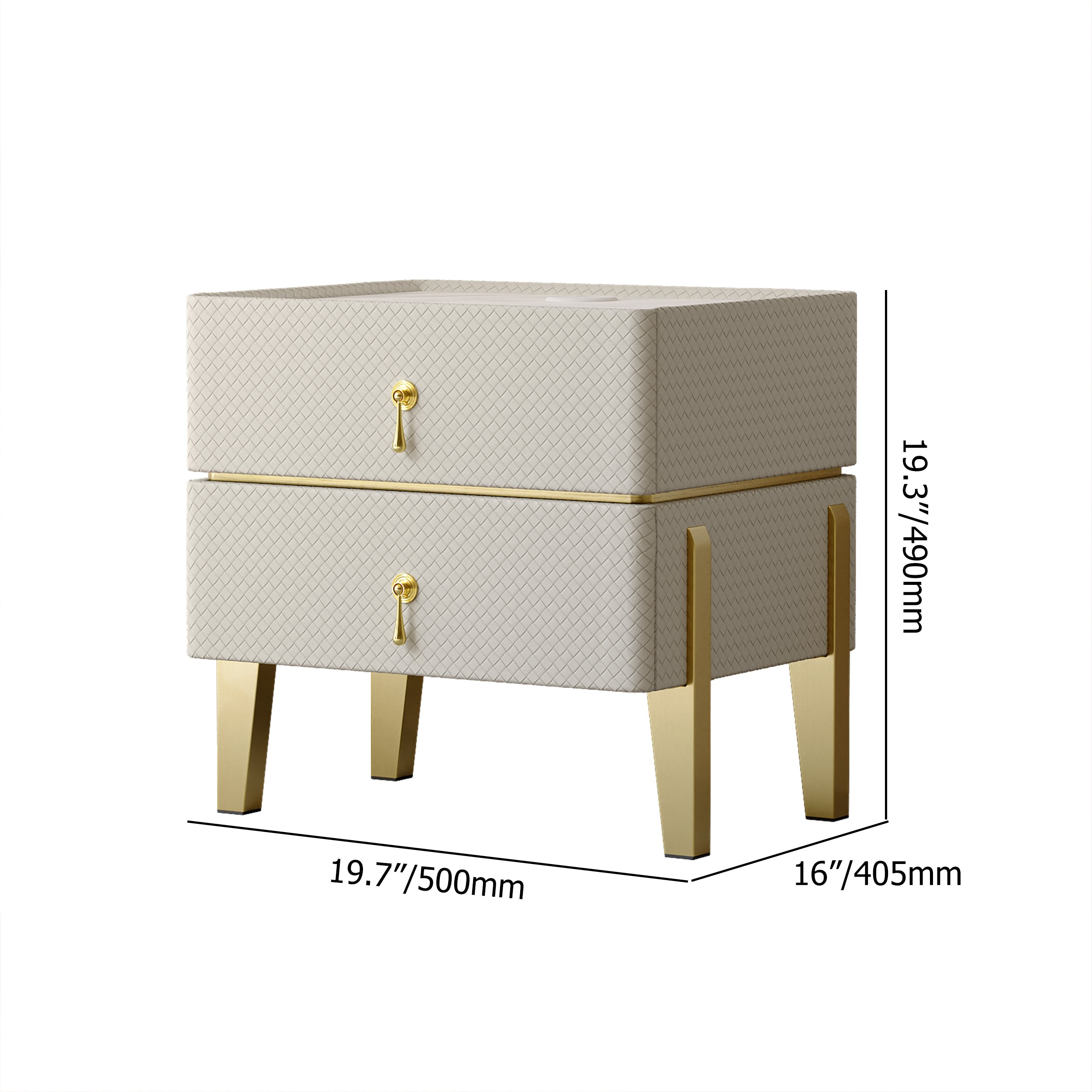 HMR - Modern White Smart Nightstand PU Leather 2 Drawer Bedside Table with Gold Legs