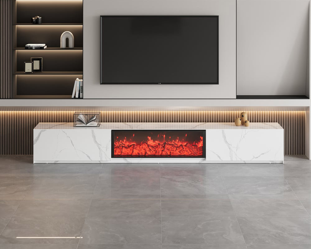 HMR Electric Fireplace TV Stand with 2 Drawers - White, Sintered Stone, 78.7"W×15.4"D×15.4"H