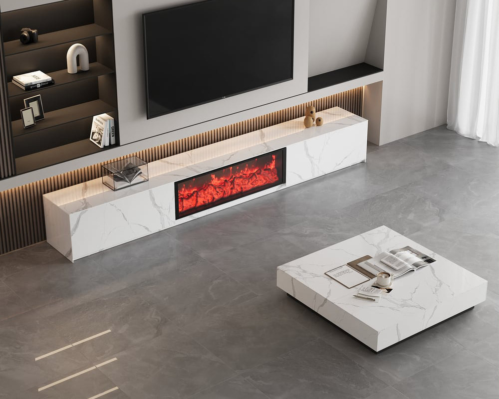 HMR Electric Fireplace TV Stand with 2 Drawers - White, Sintered Stone, 78.7"W×15.4"D×15.4"H