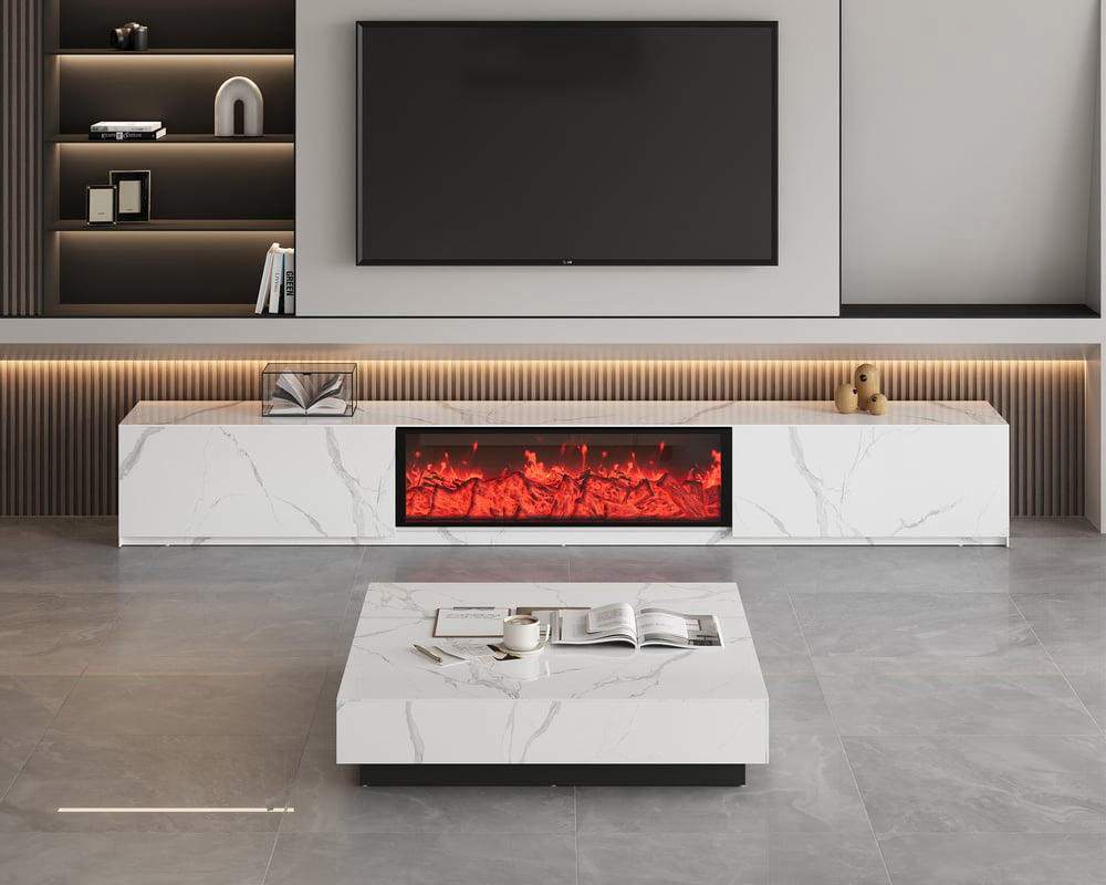 HMR Electric Fireplace TV Stand with 2 Drawers - White, Sintered Stone, 78.7"W×15.4"D×15.4"H