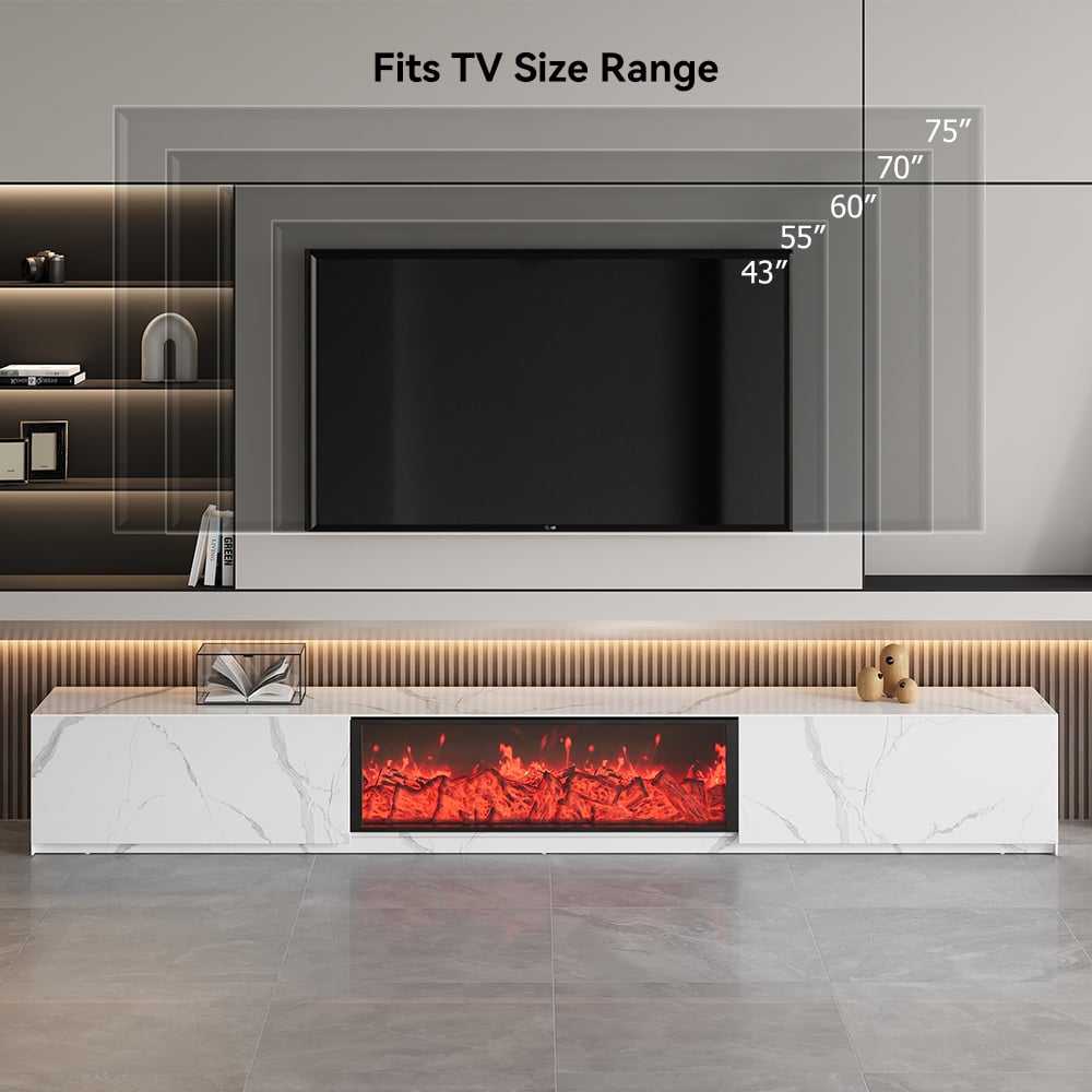 HMR Electric Fireplace TV Stand with 2 Drawers - White, Sintered Stone, 78.7"W×15.4"D×15.4"H
