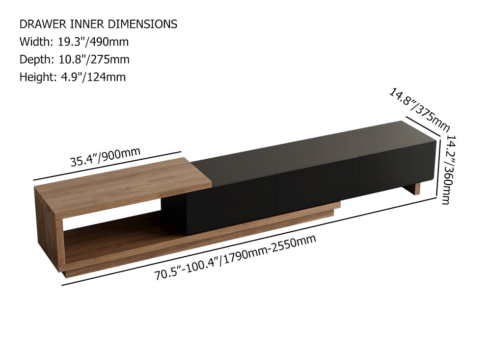 HMR Quoint Extendable TV Stand & Coffee Table Set - Black & Walnut, 1790mm-2550mm