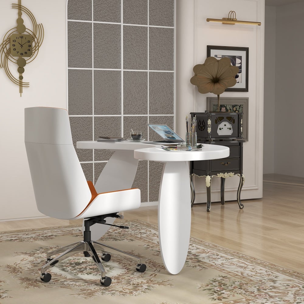 HMR - 55.1" Modern White Curved Desk Wooden Home Office Desk with 3 Oval Legs