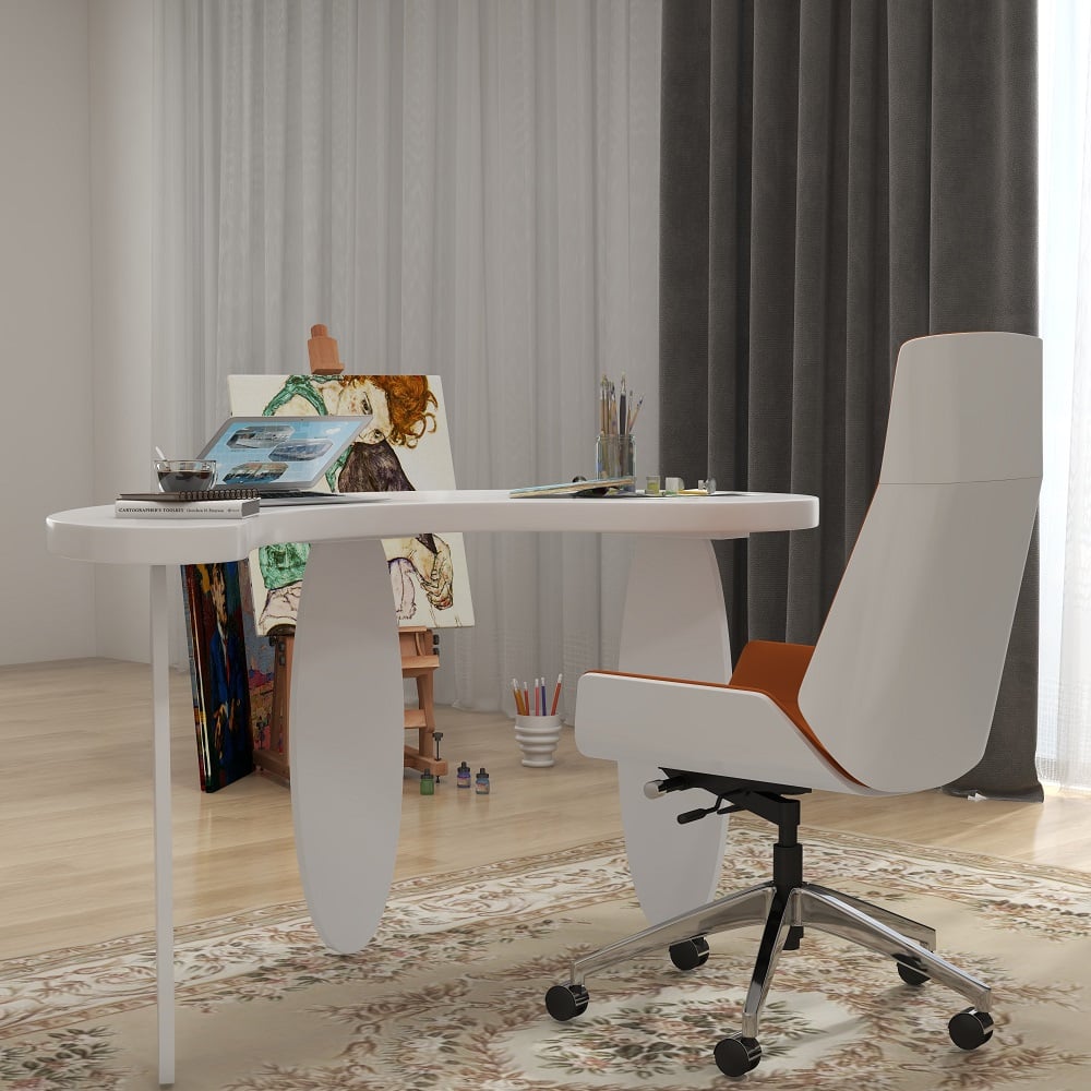 HMR - 55.1" Modern White Curved Desk Wooden Home Office Desk with 3 Oval Legs