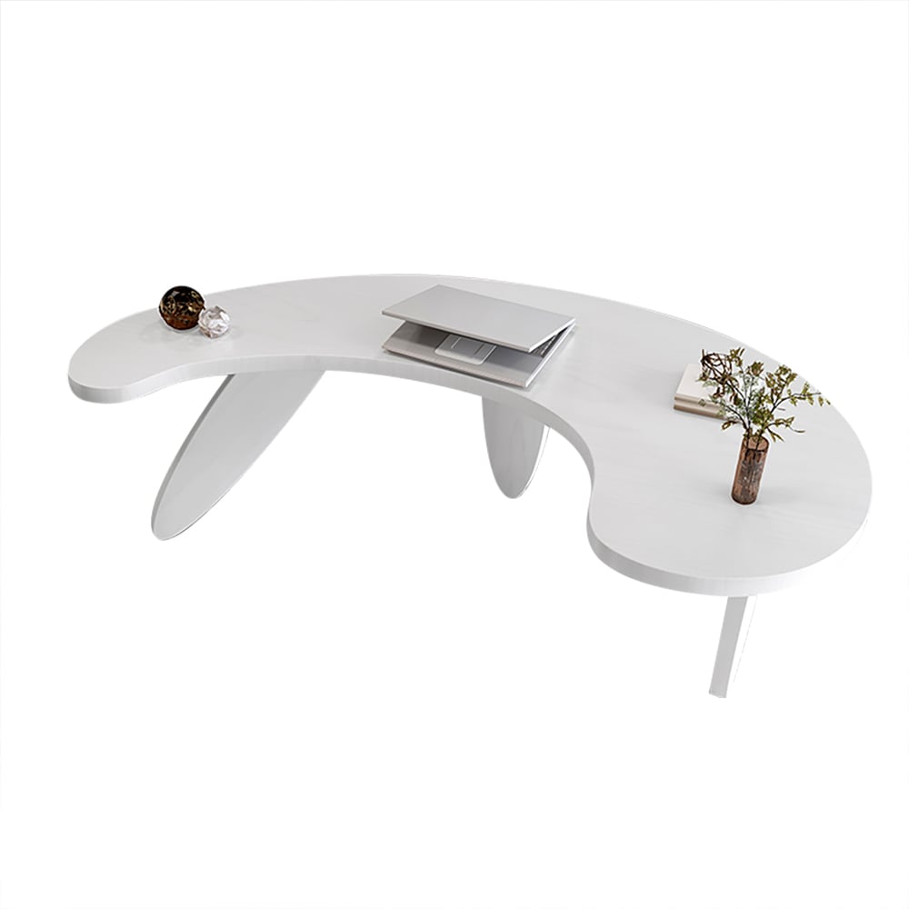 HMR - 55.1" Modern White Curved Desk Wooden Home Office Desk with 3 Oval Legs