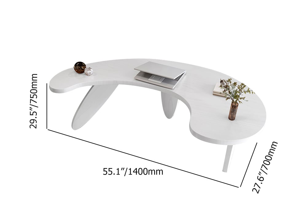 HMR - 55.1" Modern White Curved Desk Wooden Home Office Desk with 3 Oval Legs