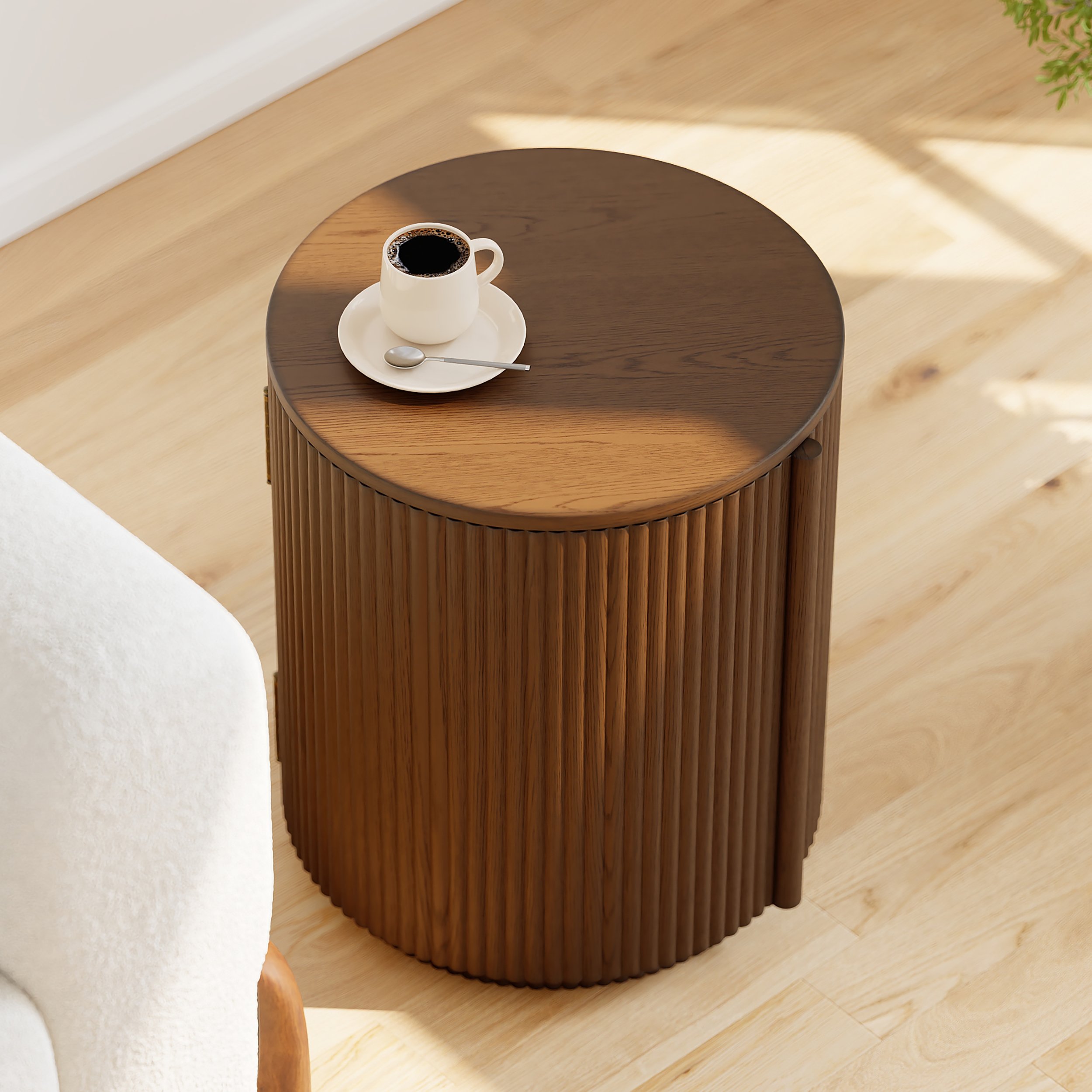 HMR - Round Plywood Walnut Fluted Side Table with Storage