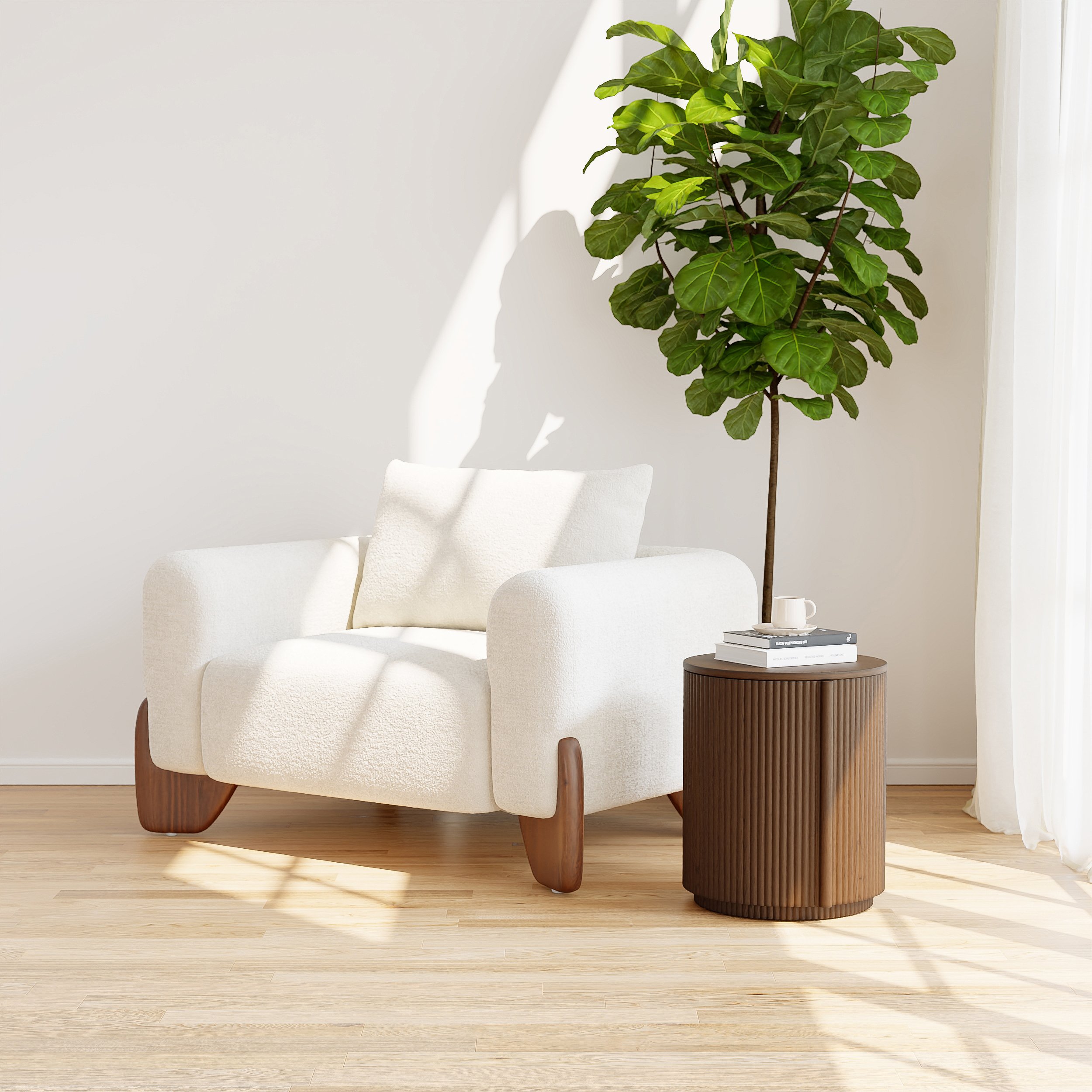 HMR - Round Plywood Walnut Fluted Side Table with Storage