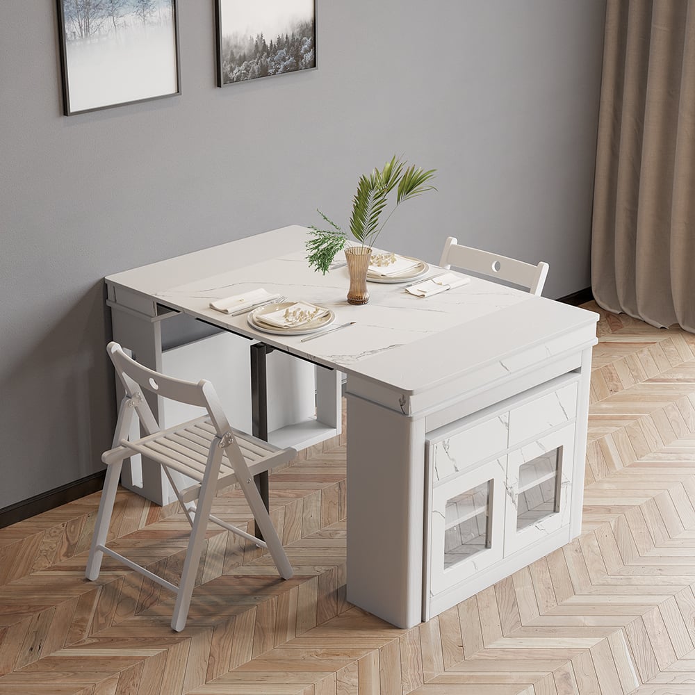 HMR Dining Set 70.9" Farmhouse Rectangle Folding Storage Dining Table With 4 Chairs - White