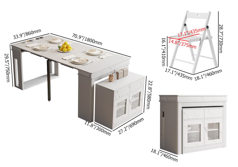 HMR Dining Set 70.9" Farmhouse Rectangle Folding Storage Dining Table With 4 Chairs - White