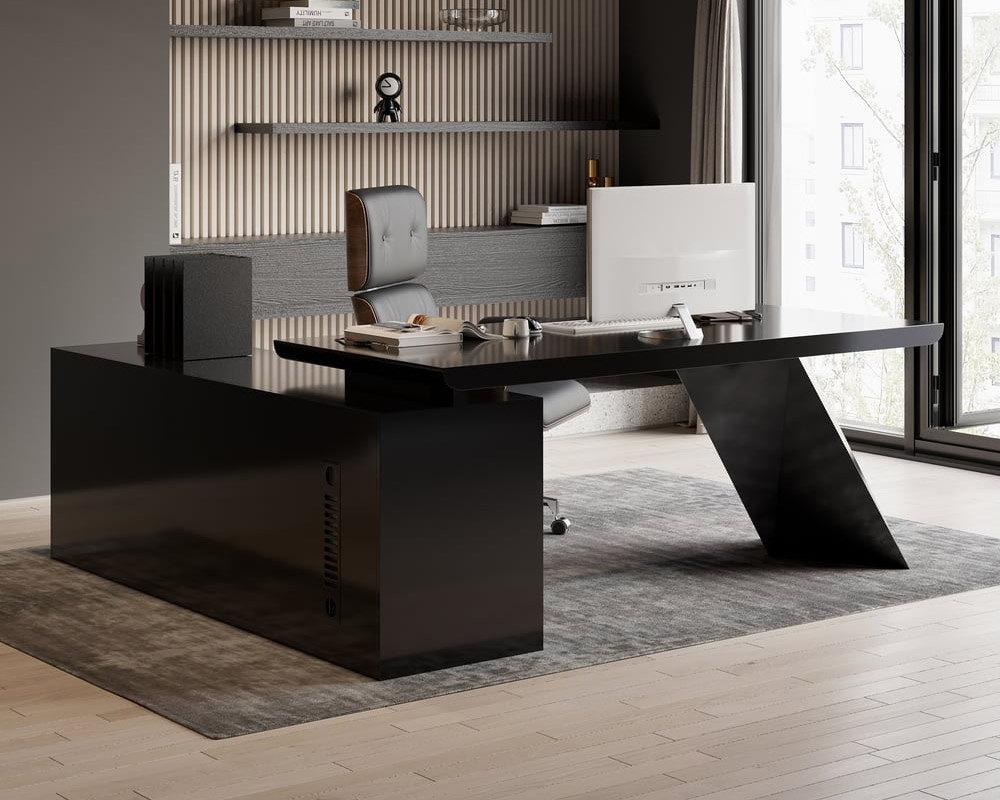 HMR Modern L-Shape Executive Desk & Office Chair Set - Black, 70.9"L x 70.9"W x 29.5"H, Right Hand