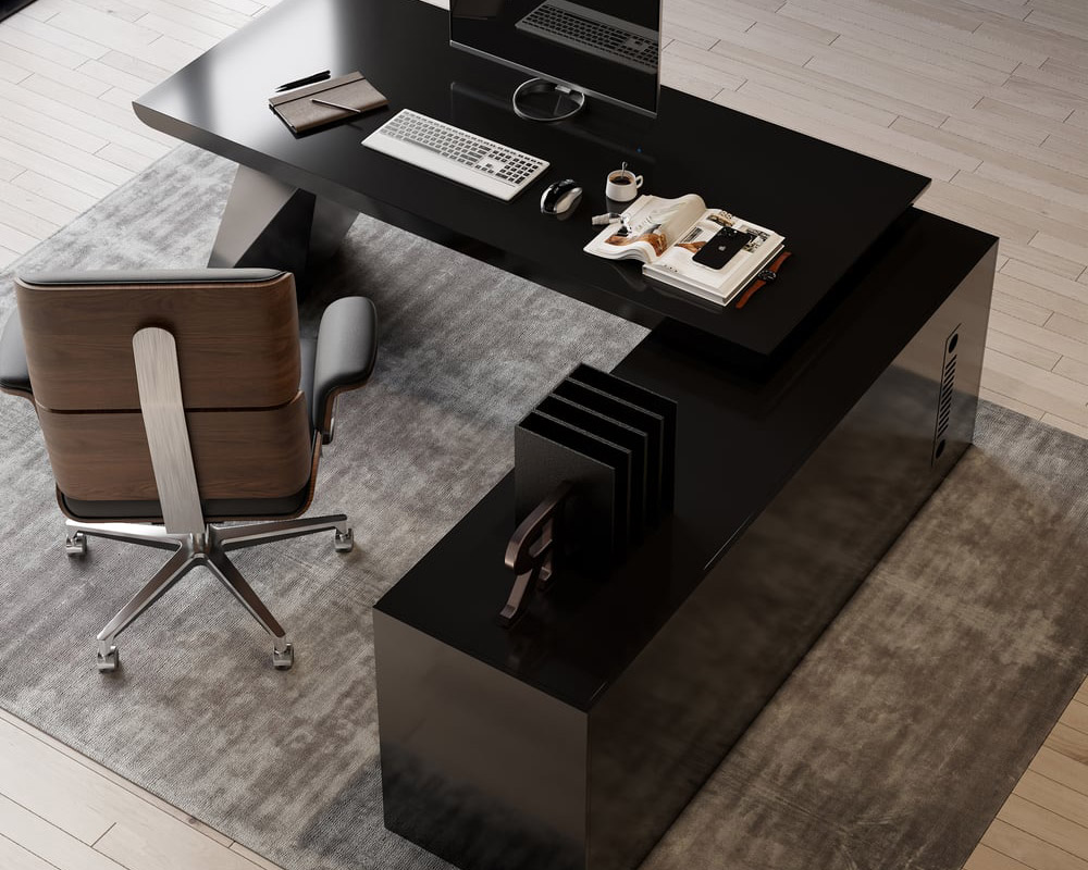 HMR Modern L-Shape Executive Desk & Office Chair Set - Black, 70.9"L x 70.9"W x 29.5"H, Right Hand