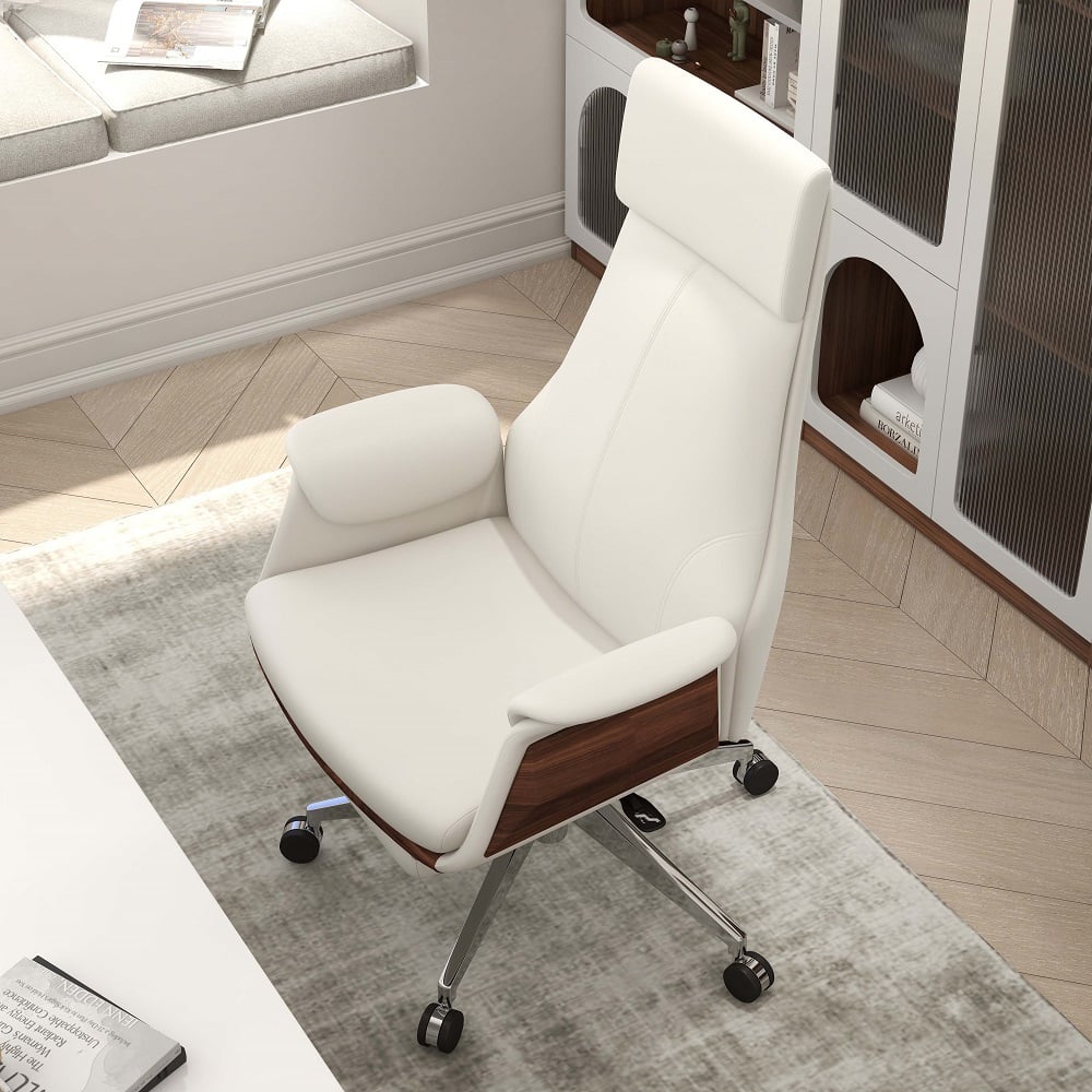 HMR Reclining Leather Office Desk Chair High Back Adjustable Swivel Executive Chair - White