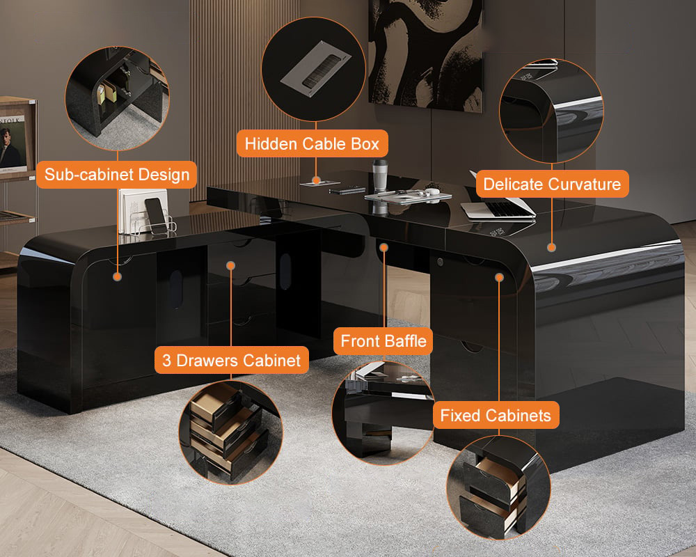HMR Chicent L-shaped Modern Executive Desk with Ample Storage - Black, 70.9"L x 63.0"W x 29.9"H, Left Hand
