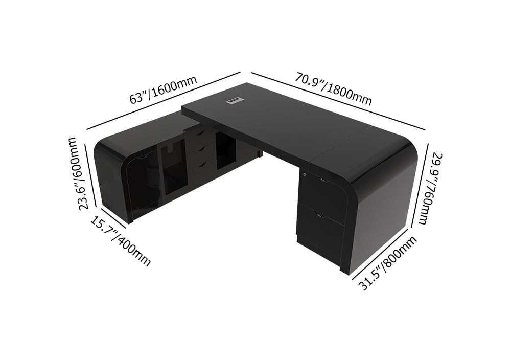 HMR Chicent L-shaped Modern Executive Desk with Ample Storage - Black, 70.9"L x 63.0"W x 29.9"H, Left Hand