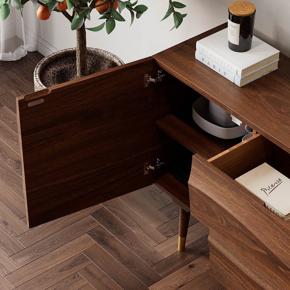 HMR - Lake 71" Walnut Sideboard Credenza with Storage Buffet Kitchen Cabinet Wavy Mid-Century