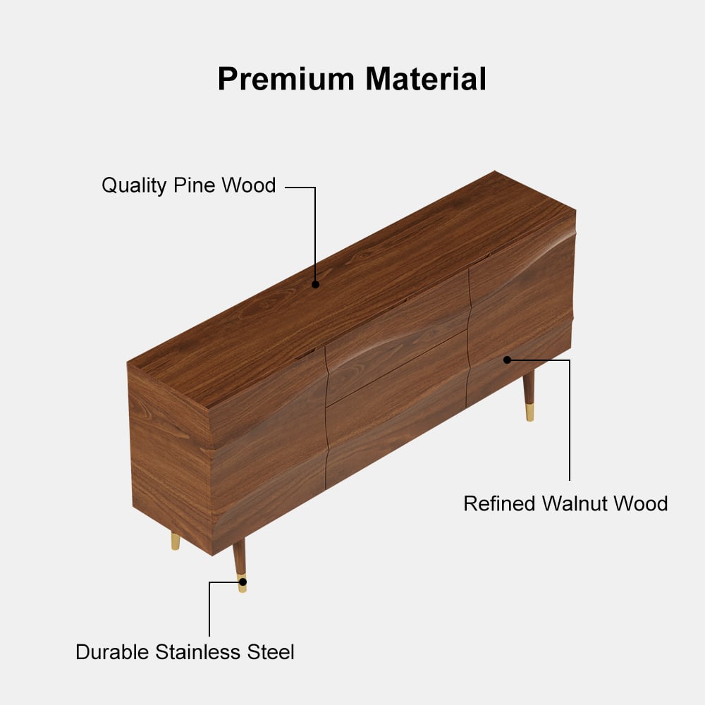 HMR - Lake 71" Walnut Sideboard Credenza with Storage Buffet Kitchen Cabinet Wavy Mid-Century