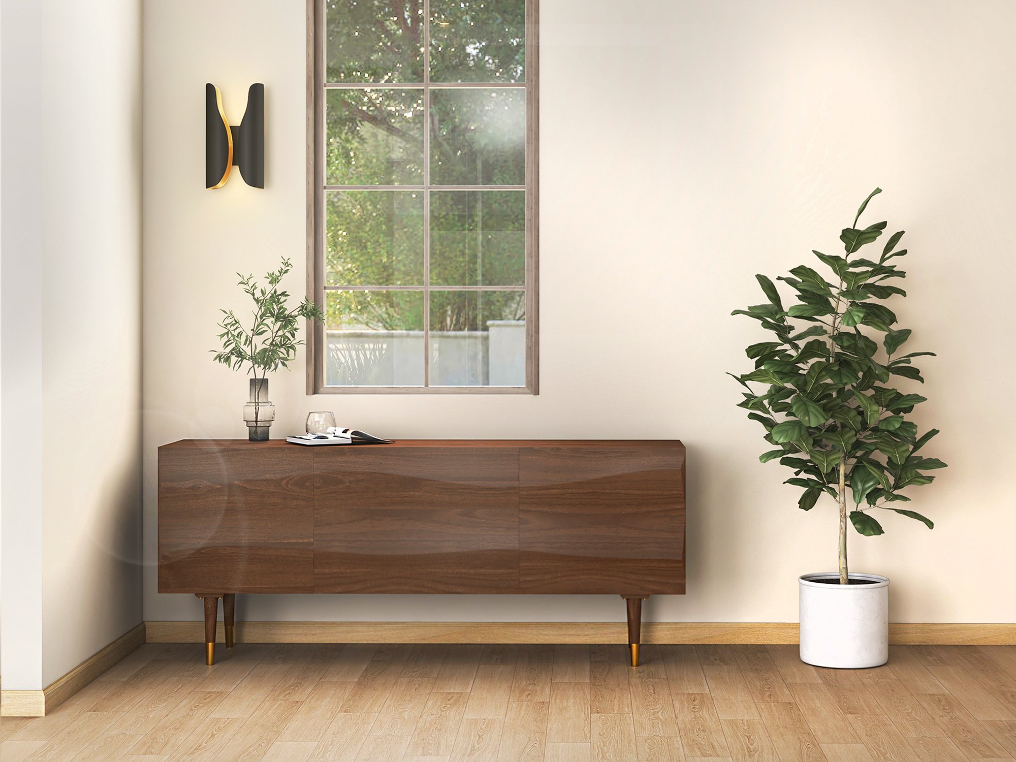 HMR - Lake 71" Walnut Sideboard Credenza with Storage Buffet Kitchen Cabinet Wavy Mid-Century