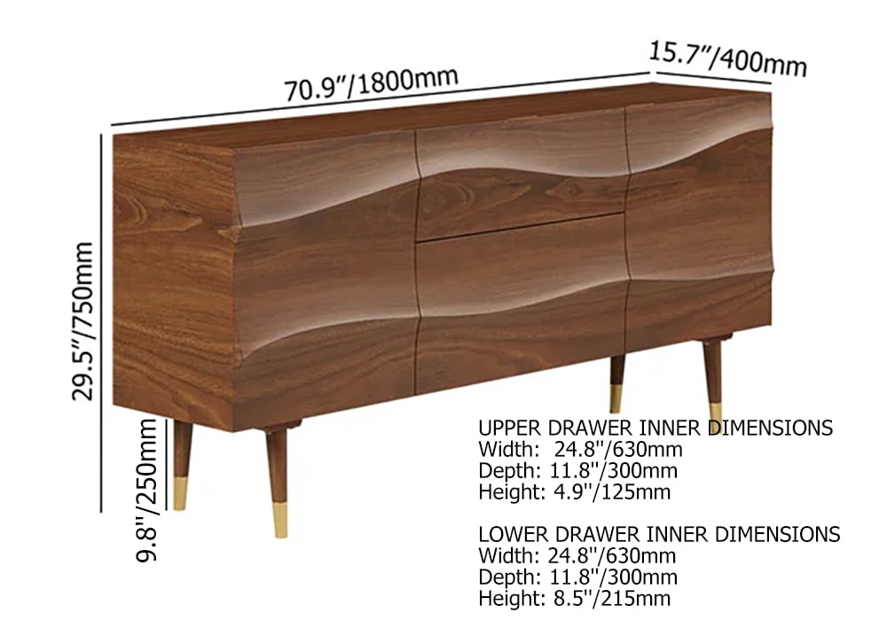 HMR - Lake 71" Walnut Sideboard Credenza with Storage Buffet Kitchen Cabinet Wavy Mid-Century