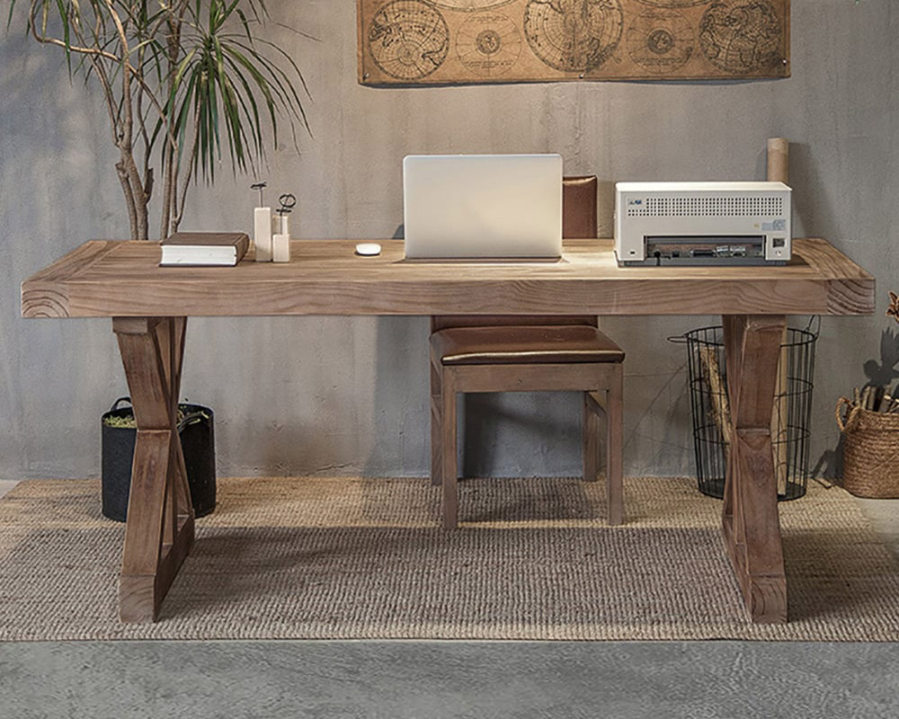 HMR Rustic Farmhouse Wooden Office Desk & Industrial Swivel Office Chair Set - Natural, 47.2"L x 23.6"W x 29.5"H