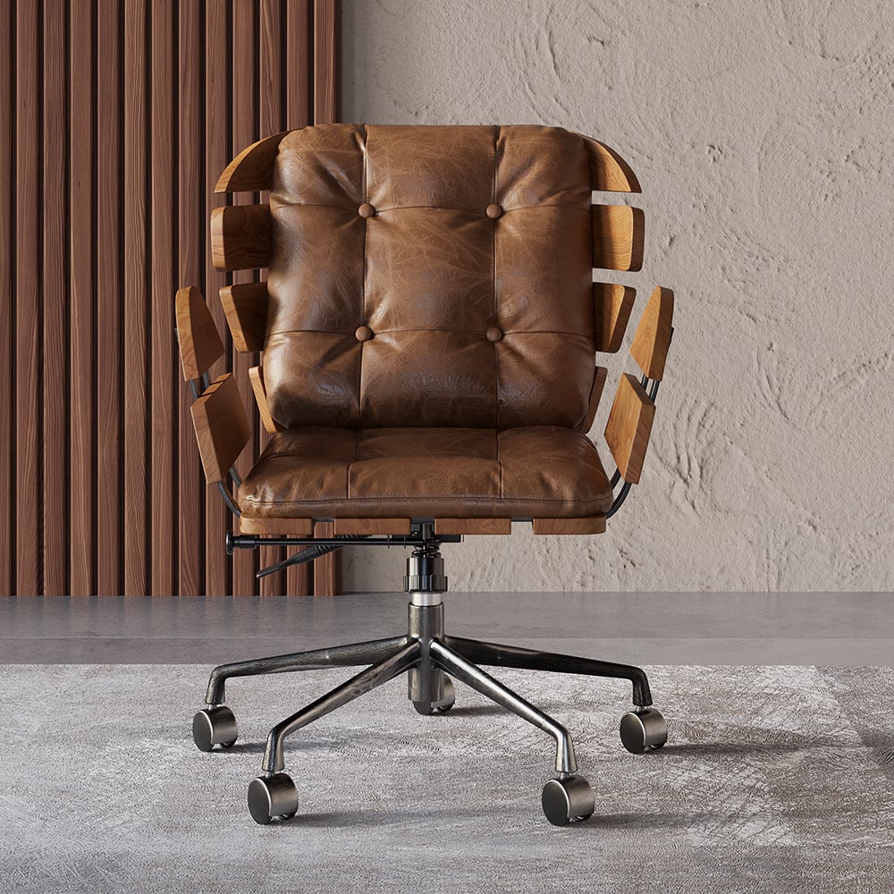 HMR Rustic Farmhouse Wooden Office Desk & Industrial Swivel Office Chair Set - Natural, 47.2"L x 23.6"W x 29.5"H