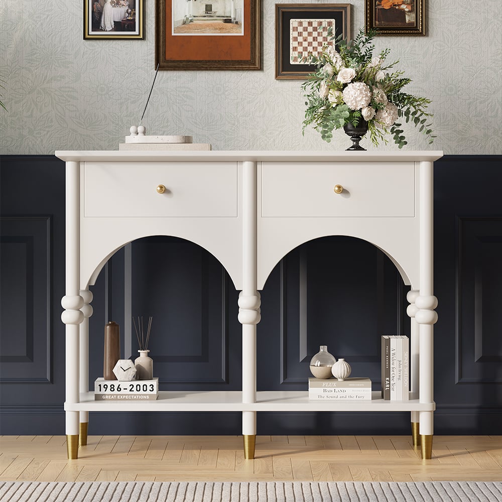 HMR - 39.4" Modern Farmhouse Console Table Wooden White Entryway Table with 2 Drawers & Shlef