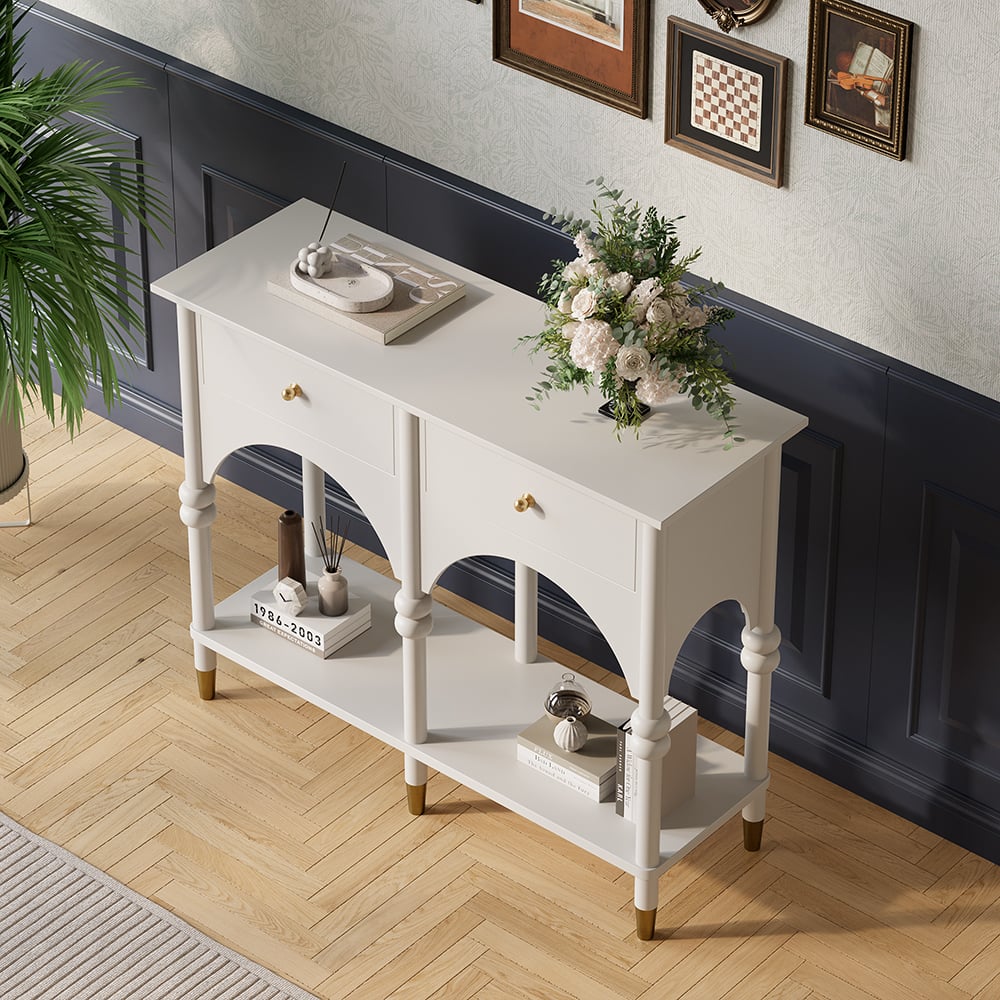 HMR - 39.4" Modern Farmhouse Console Table Wooden White Entryway Table with 2 Drawers & Shlef