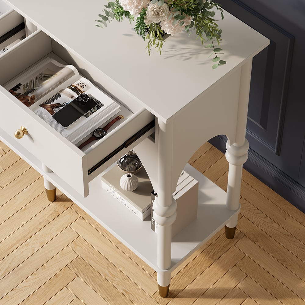HMR - 39.4" Modern Farmhouse Console Table Wooden White Entryway Table with 2 Drawers & Shlef