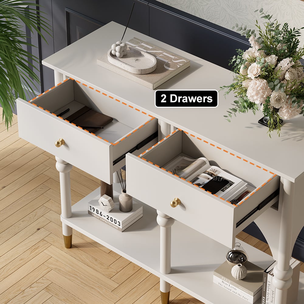 HMR - 39.4" Modern Farmhouse Console Table Wooden White Entryway Table with 2 Drawers & Shlef