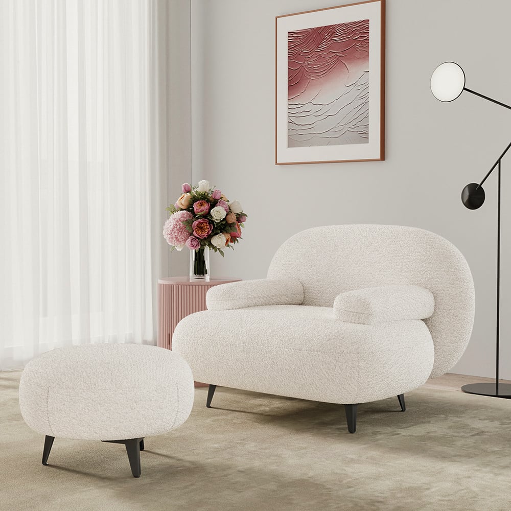 HMR - Modern White Cream Boucle Accent Chair with Pouf Ottoman Set Lounge Chair with Footstool