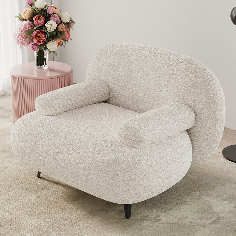 HMR - Modern White Cream Boucle Accent Chair with Pouf Ottoman Set Lounge Chair with Footstool