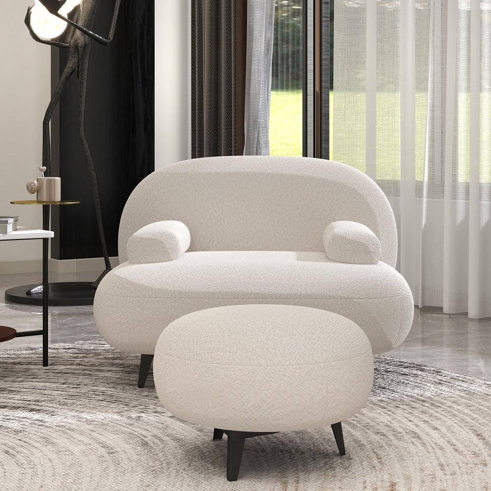 HMR - Modern White Cream Boucle Accent Chair with Pouf Ottoman Set Lounge Chair with Footstool