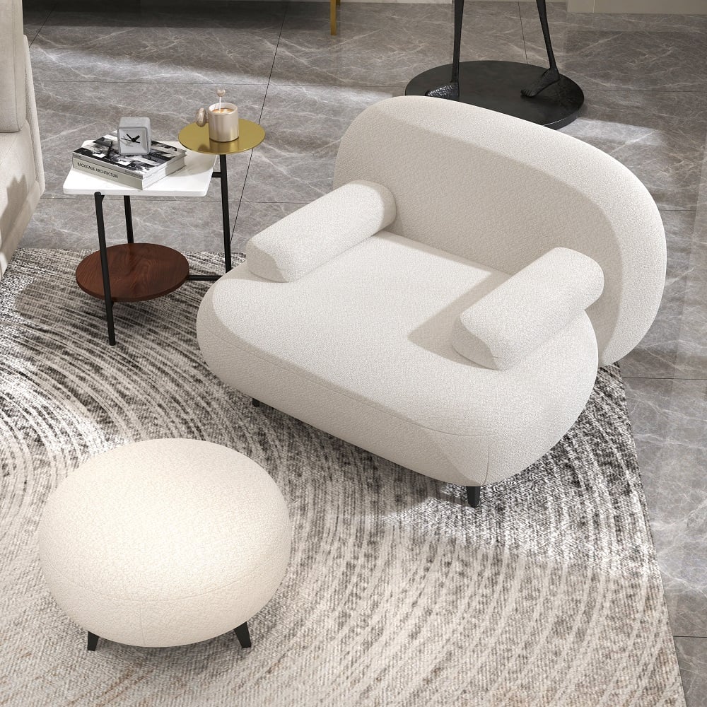 HMR - Modern White Cream Boucle Accent Chair with Pouf Ottoman Set Lounge Chair with Footstool