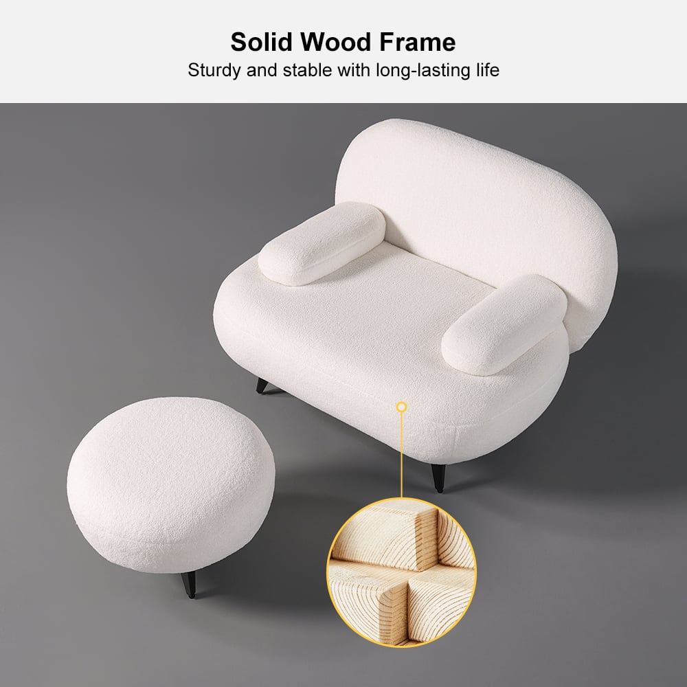 HMR - Modern White Cream Boucle Accent Chair with Pouf Ottoman Set Lounge Chair with Footstool