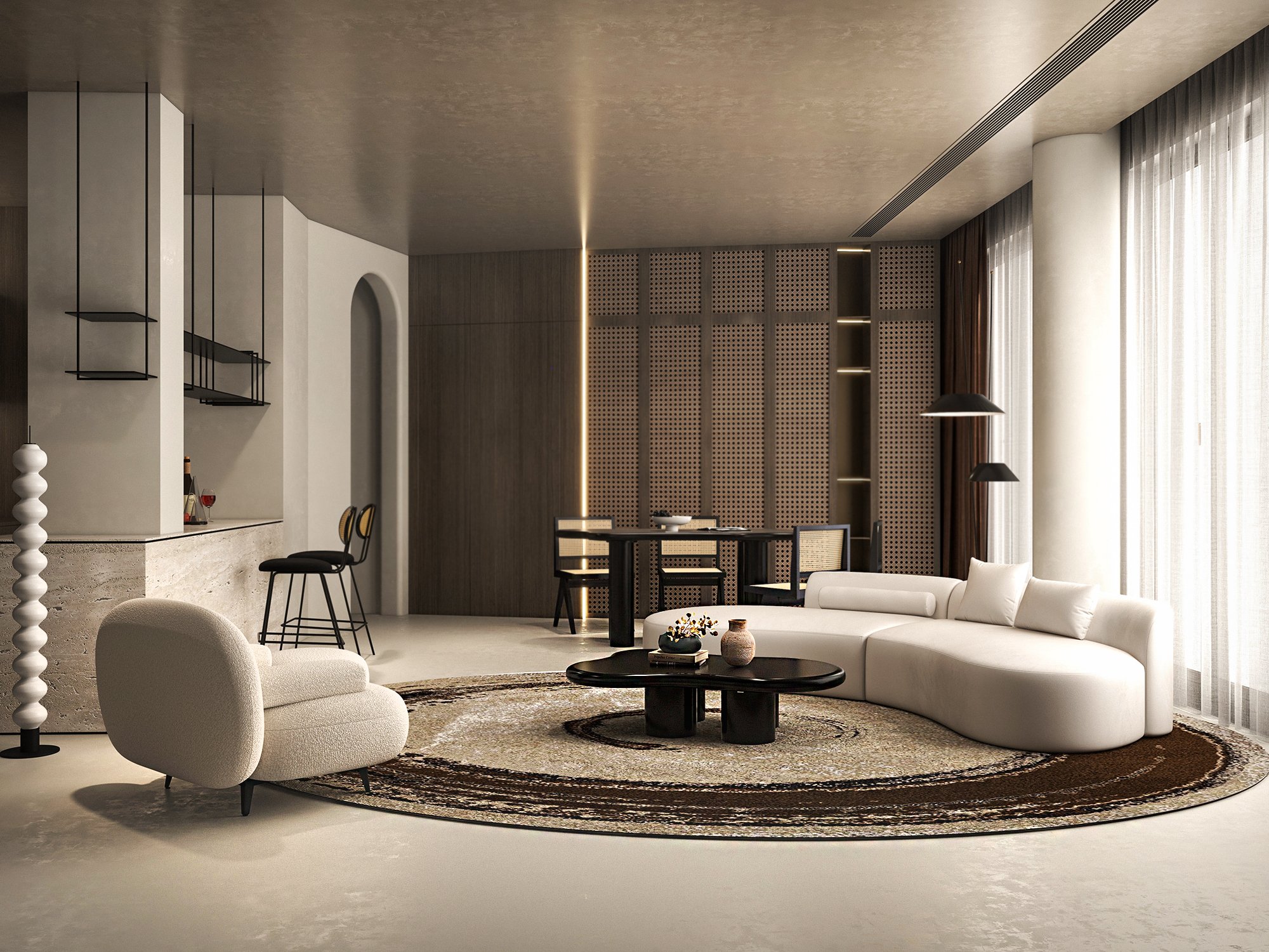 HMR - Modern White Cream Boucle Accent Chair with Pouf Ottoman Set Lounge Chair with Footstool